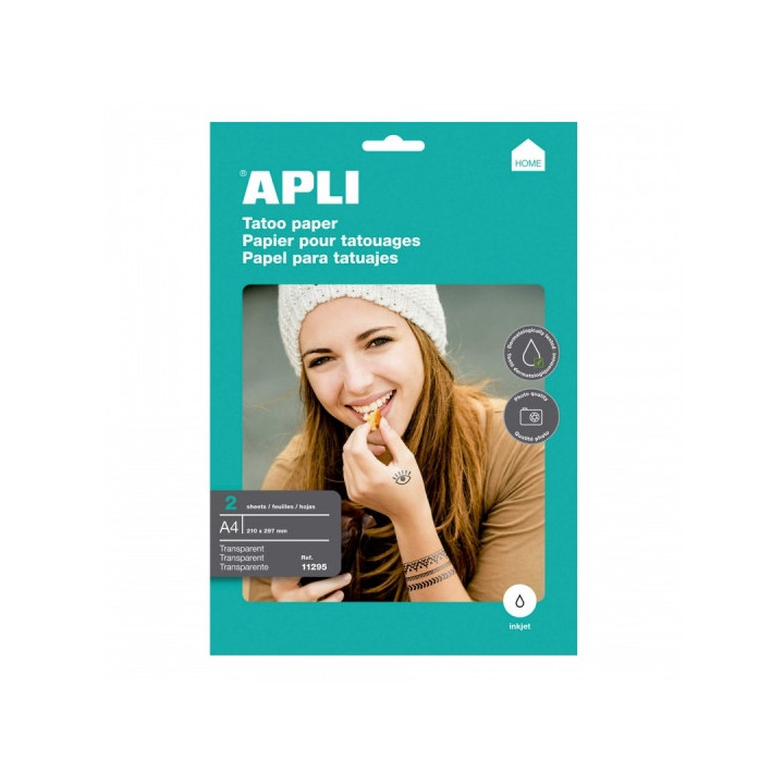 Apli Pack de 2 Hojas de Papel para Crear Tatuajes - Imprimible en Inkjet - Versatil para Piel y Objetos - Facil de Borrar - Der