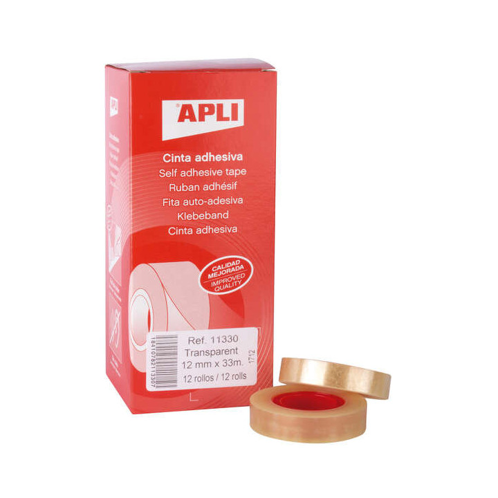 Apli Cinta Adhesiva Transparente 12mm x 33m - Resistente al Agua y a la Intemperie - Facil de Cortar y Aplicar - Ideal para Man