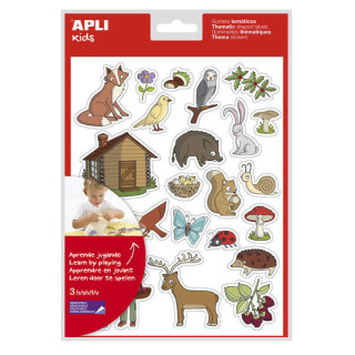 Apli Bolsa de Gomets Tematicos el Bosque - 69 Gomets en 3 Hojas - Ilustraciones Educativas de Animales y Objetos del Bosque - A