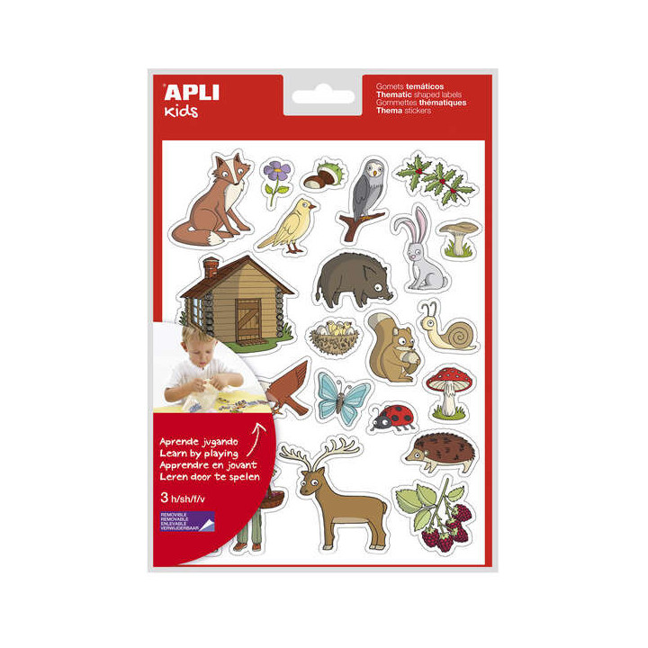 Apli Bolsa de Gomets Tematicos el Bosque - 69 Gomets en 3 Hojas - Ilustraciones Educativas de Animales y Objetos del Bosque - A