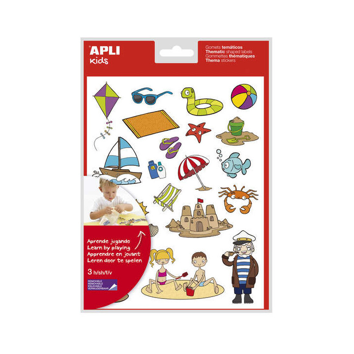Apli Bolsa de Gomets Tematicos la Playa - 66 Gomets en 3 Hojas - Ilustraciones de Animales y Objetos de la Playa - Adhesivo Rem