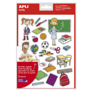 Apli Bolsa de Gomets Tematicos la Escuela - 78 Gomets en 3 Hojas - Adhesivo Removible - Ilustraciones Educativas - Adhesivo Bas