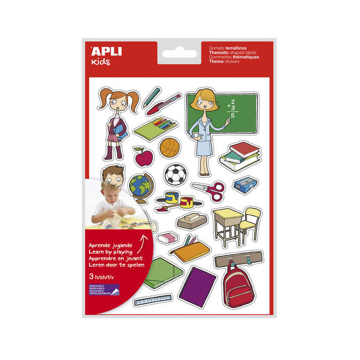 Apli Bolsa de Gomets Tematicos la Escuela - 78 Gomets en 3 Hojas - Adhesivo Removible - Ilustraciones Educativas - Adhesivo Bas