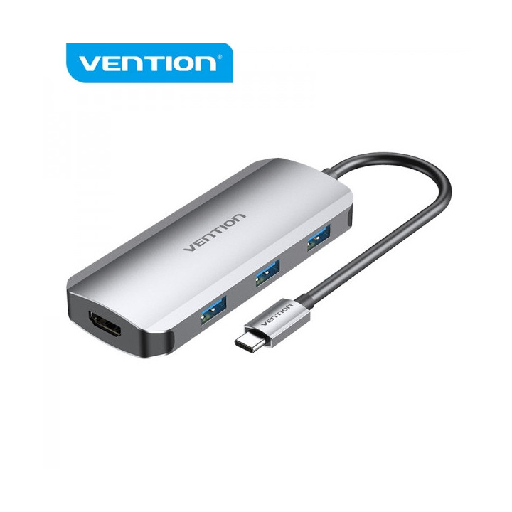 Vention Docking 5 en 1 USB-C a HDMI 4K/3xUSB3.0/PD100W - 0.15m - Color Gris