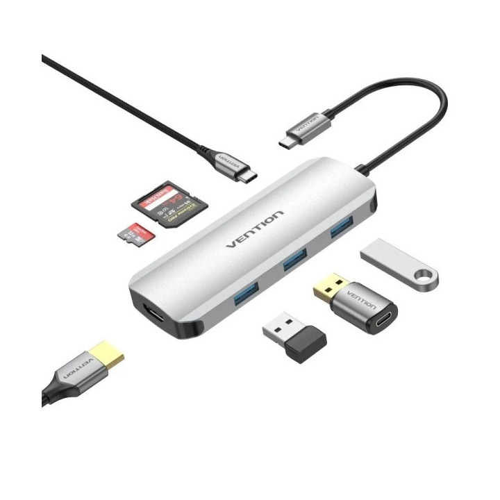 Vention Docking Station 7 en 1 USB-C a HDMI 4K/3xUSB3.0/SD/TF/PD100W - 0.15m - Color Gris