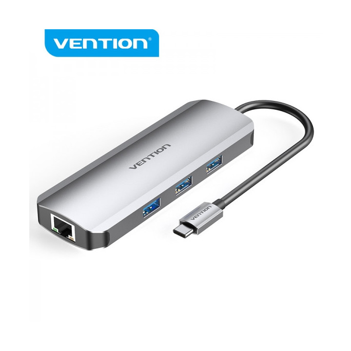 Vention Docking Station 8 en 1 USB-C a HDMI 4K/3xUSB 3.0/Lector SD/MicroSD/RJ45/PD 100W - 0.15m - Color Gris