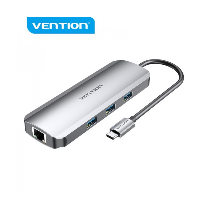 Vention Docking Station 9 en 1 USB-C a HDMI 4K/3xUSB3.0/RJ45/Lector SD/MicroSD/Jack Audio/PD100W - 0.15m - Color Gris