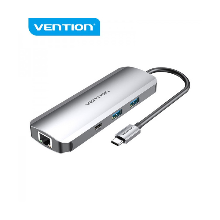 Vention Docking Station 9 en 1 USB-C a HDMI 4K/2xUSB3.0/USB-C Gen1/RJ45/Lector TF/SD/Jack Audio/PD100W - 0.15m - Color Gris