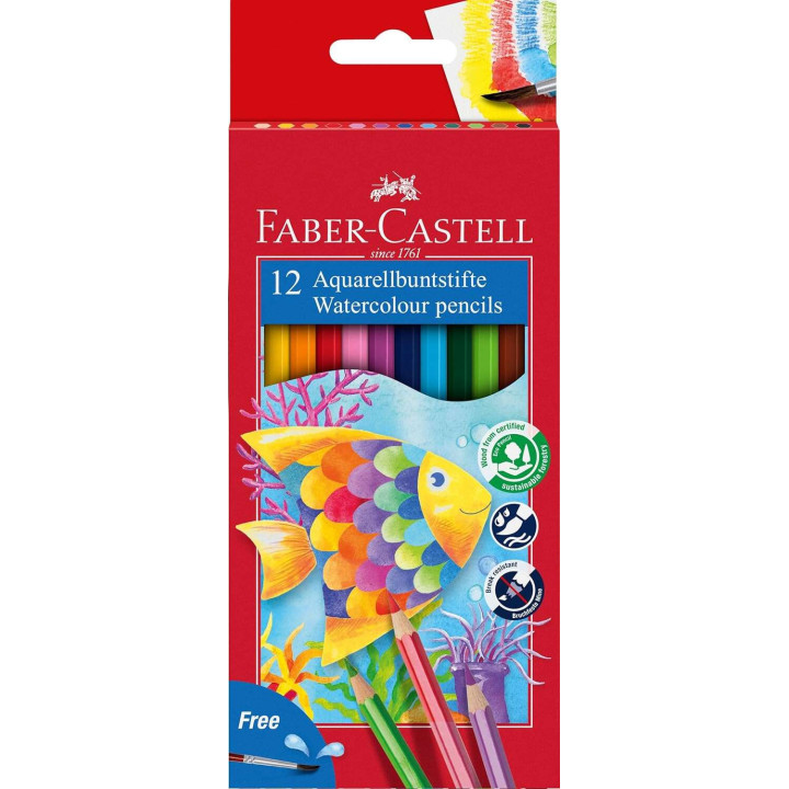 Faber-Castell Classic Colour Acuarelable Pack de 12 Lapices de Colores Hexagonales Acuarelables + Pincel - Resistencia a la Rot