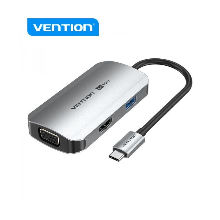 Vention Docking Station 4 en 1 USB-C a HDMI 4K/VGA/USB 3.0/PD - 0.15m - Aluminio Gris