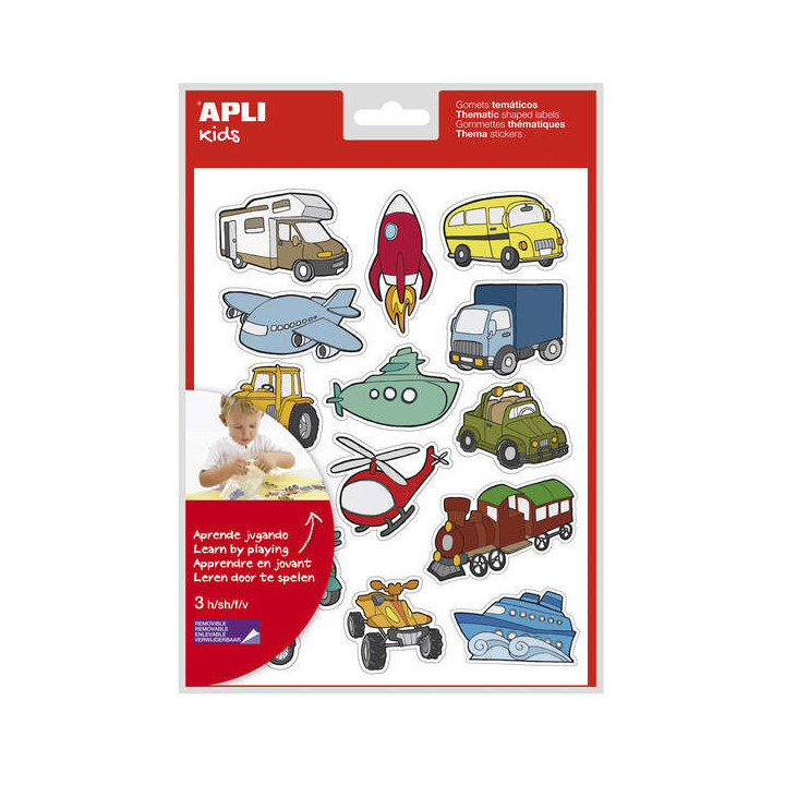 Apli Bolsa de Gomets Tematicos Transportes - 45 Gomets en 3 Hojas - Ilustraciones Divertidas para Enriquecer Vocabulario y Habi