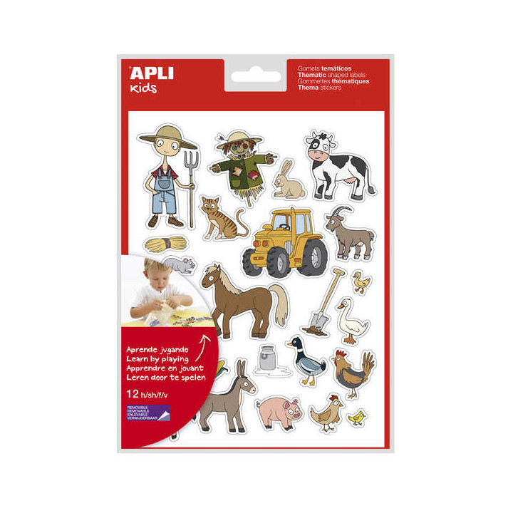 Apli Kids Pack de 276 Gomets Tematicos La Granja - Adhesivo Removible a Base Agua - Libre de Disolventes - Ideal para Escuelas