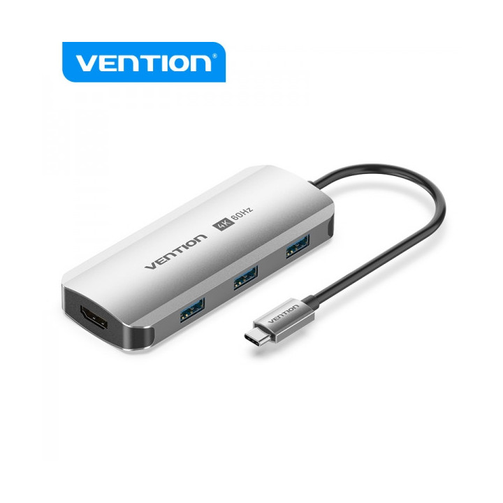 Vention Docking Station 5 en 1 USB-C a HDMI/3xUSB3.0/PD - 0.15m - Aluminio Gris