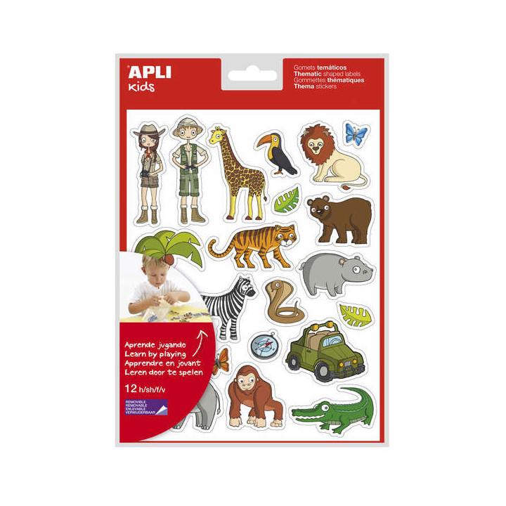 Apli Bolsa de Gomets Tematicos la Selva - 252 Gomets en 12 Hojas - Adhesivo Removible - Ideal para Escuelas - Cumple Normas EN-