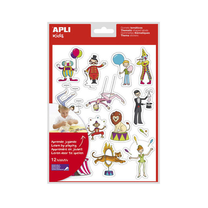 Apli Bolsa de Gomets Tematicos el Circo - 168 Gomets en 12 Hojas - Adhesivo Removible - Ideal para Escuelas - Adhesivo Base Agu