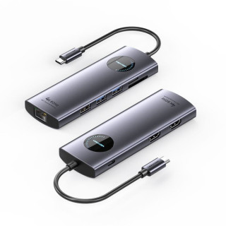 Vention Docking Station 9 en 1 USB-C a 2xHDMI/2xUSB3.0/USB 2.0/RJ45/SD/TF/PD 100W - 0.15m - Color Gris