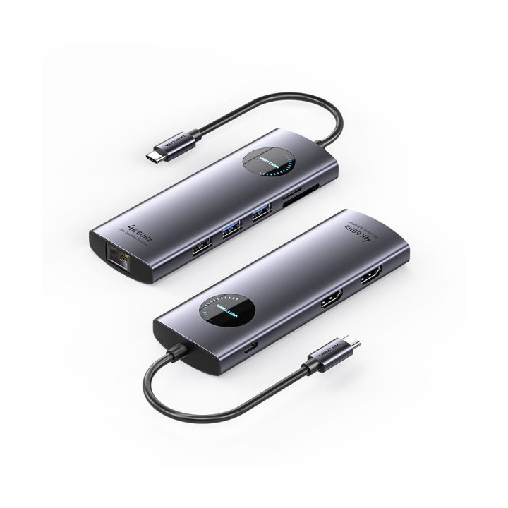 Vention Docking Station 9 en 1 USB-C a 2xHDMI/2xUSB3.0/USB 2.0/RJ45/SD/TF/PD 100W - 0.15m - Color Gris