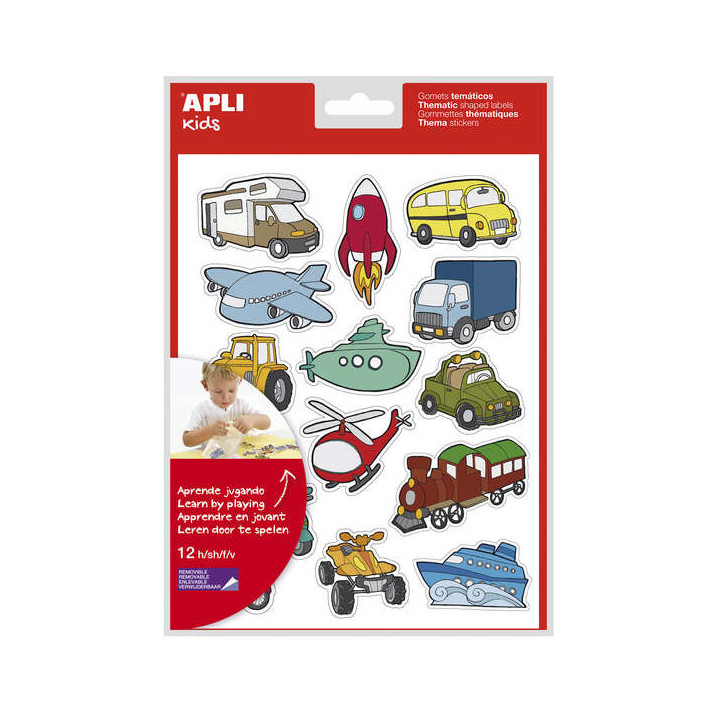 Apli Gomets Tematicos Transportes - 180 Gomets en 12 Hojas - Adhesivo Removible - Ideal para Aprendizaje - Cumple Normas EN-71