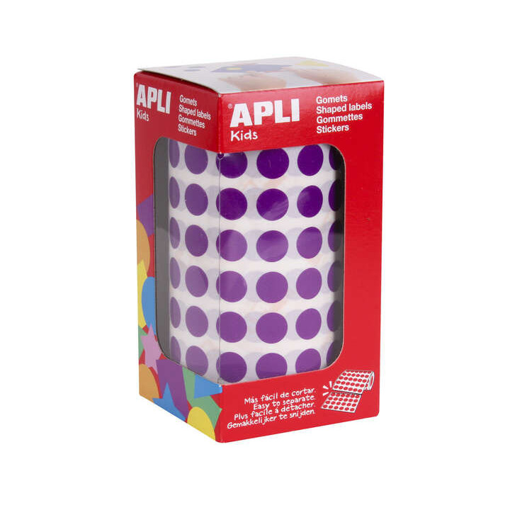 Apli Gomets Redondos Lila Ø 10.5mm - 59 Hojas Pretroqueladas - 5192 Gomets por Rollo - Ideal para Escuelas y Talleres Infantil