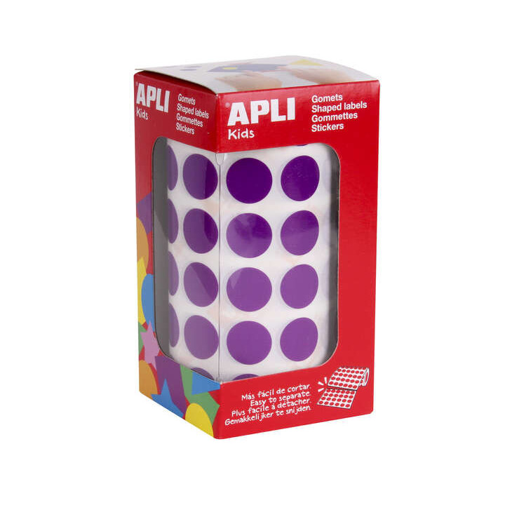 Apli Gomets Redondos Lila Ø 15mm - 59 Hojas Pretroqueladas - 2832 Gomets por Rollo - Adhesivo Base Agua - Normas EN-71 y FSC -