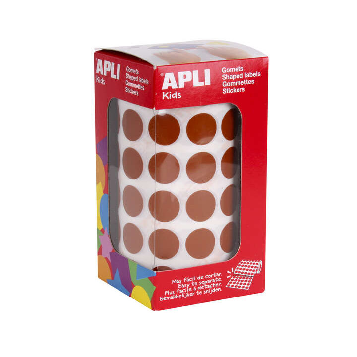 Apli Gomets Redondos Marron Permanentes - Ø 15mm - 59 Hojas Pretroqueladas - 2832 Gomets por Rollo - Ideal para Escuelas y Tal