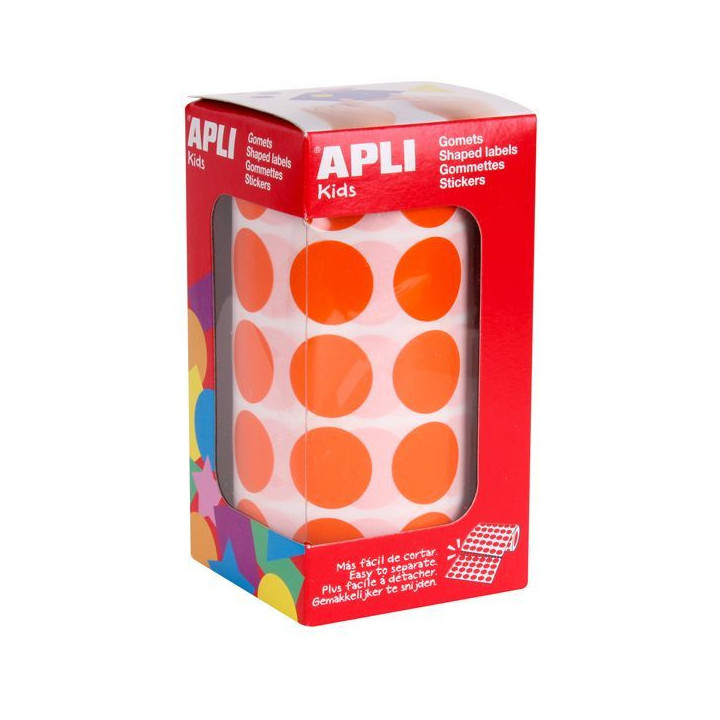 Apli Rollo de 1.770 Gomets Redondos Ø 20mm - Adhesivo Permanente Base Agua - Libre de Disolventes - Color Naranja