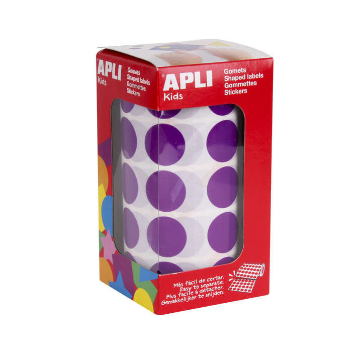 Apli Gomets Redondos Lila Ø 20mm - 59 Hojas Pretroqueladas - 1770 Gomets por Rollo - Ideal para Escuelas y Talleres Infantiles