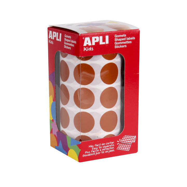 Apli Gomets Redondos Marron Ø 20mm - 59 Hojas Pretroqueladas - 1770 Gomets por Rollo - Adhesivo Base Agua - Normas EN-71 y Cad