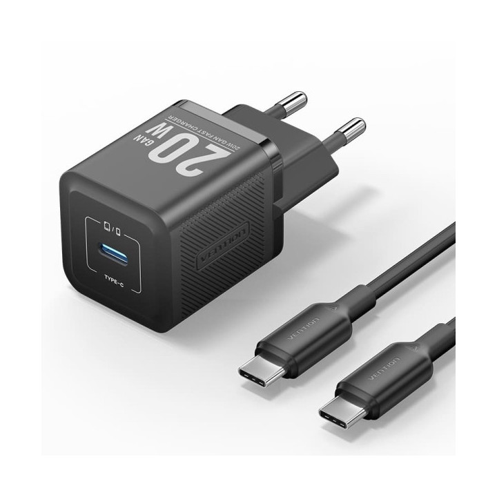 Vention Cargador de Pared GaN USB-C 20W - Cable USB-C 1m - Color Negro
