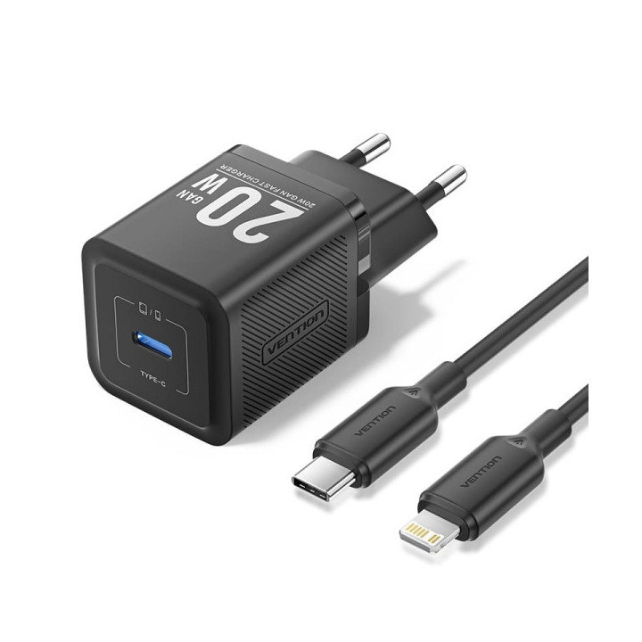 Vention Cargador de Pared GaN USB-C 20W - Cable USB-C a Lightning 1m - Color Negro
