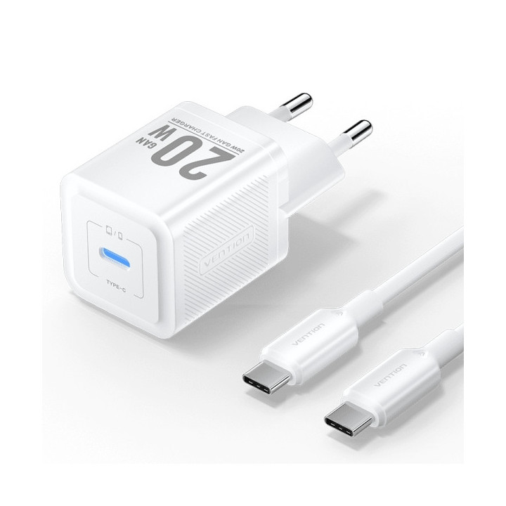 Vention Cargador de Pared GaN USB-C 20W - Cable USB-C 1m - Color Blanco