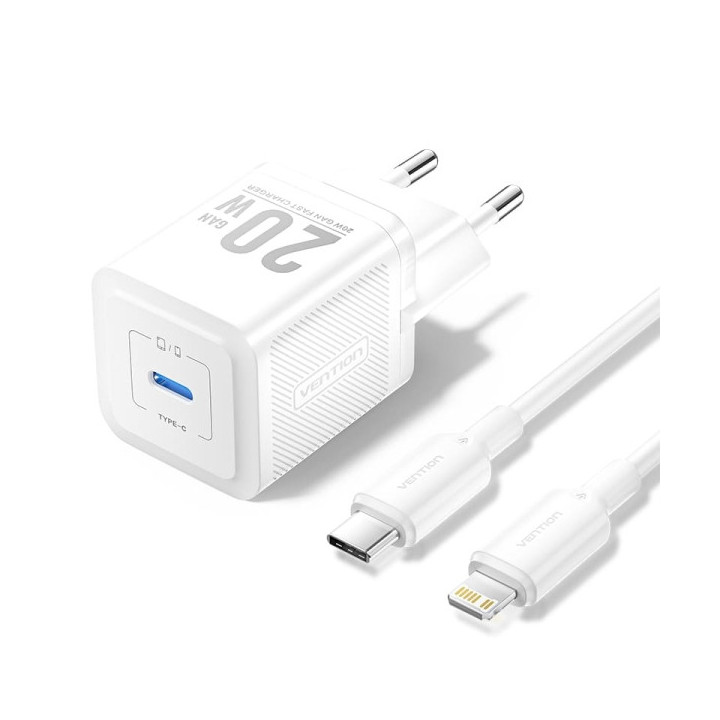 Vention Cargador de Pared GaN USB-C 20W - Cable USB-C a Lightning 1m - Color Blanco
