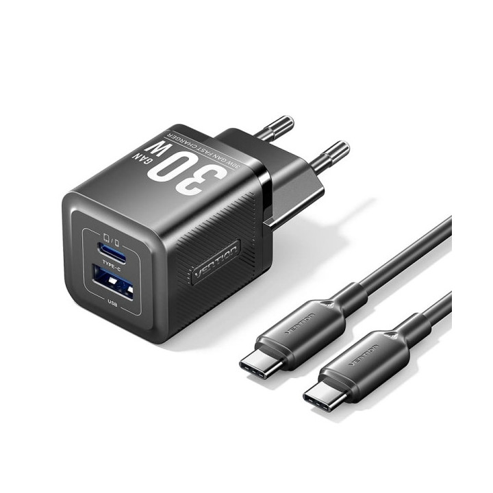 Vention Cargador de Pared GaN USB-C 30W - Cable USB-C 1m - Color Negro