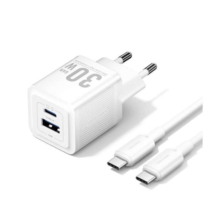 Vention Cargador de Pared GaN USB-C 30W - Cable USB-C 1m - Color Blanco