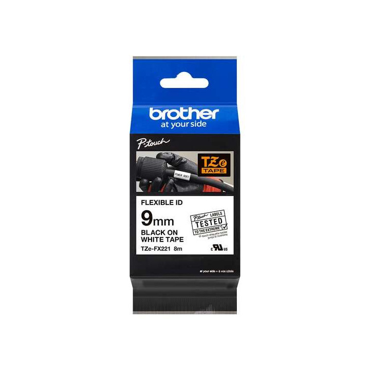 Brother TZeFX221 Cinta Laminada Flexible Original de Etiquetas - Texto negro sobre fondo blanco - Ancho 9mm x 8 metros