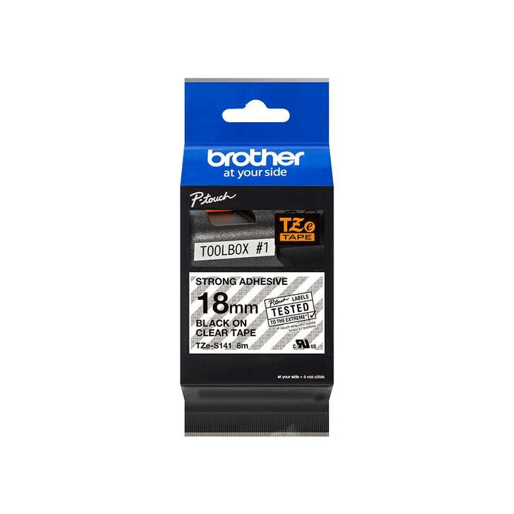 Brother TZeS141 Cinta Laminada Super Adhesiva Original de Etiquetas - Texto negro sobre fondo transparente - Ancho 18mm x 8 met