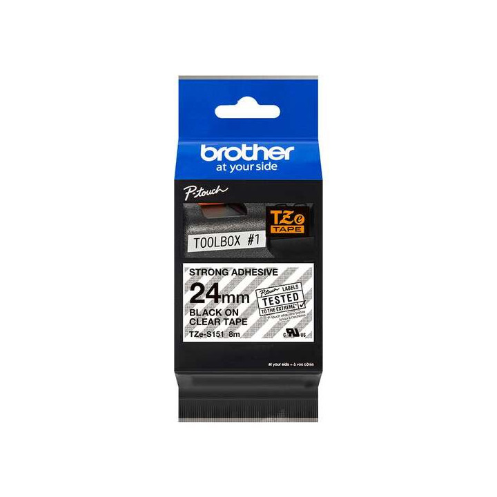 Brother TZeS151 Cinta Laminada Super Adhesiva Original de Etiquetas - Texto negro sobre fondo transparente - Ancho 24mm x 8 met