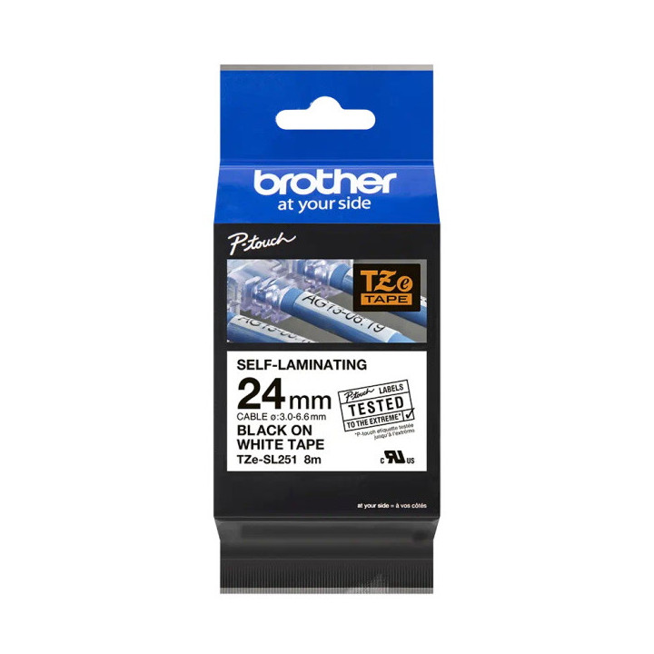 Brother TZeSL251 Cinta Autolaminada Original - Texto Negro sobre Fondo Blanco - Ancho 24mm x 8 metros