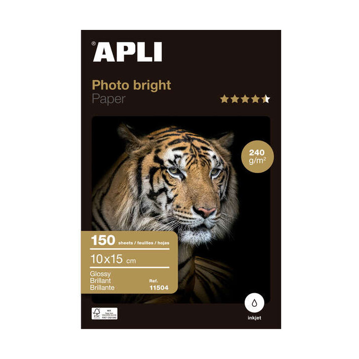 Apli Pack de 150 Hojas de Papel Fotografico Photobright 10x15cm 240g - Acabado Brillante - Apto para Uso en Impresoras Inkjet