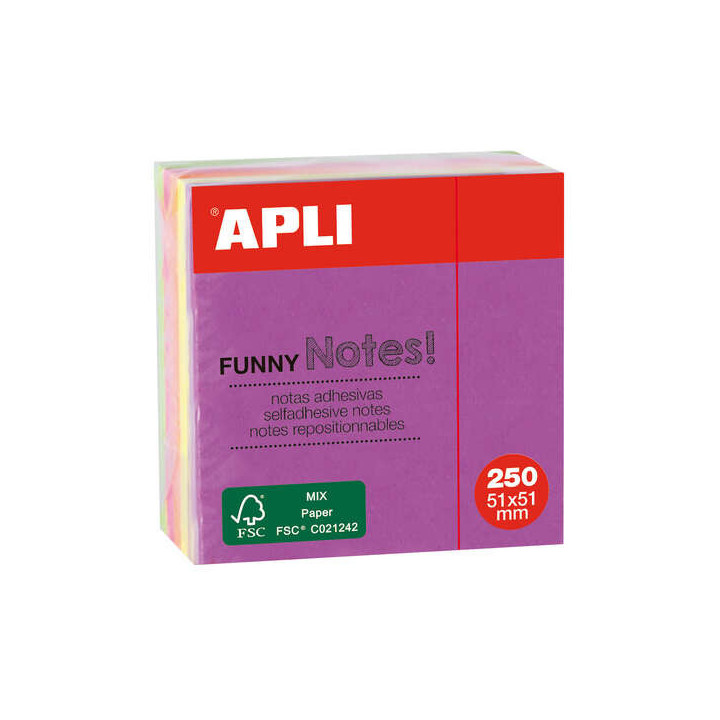 Apli Notas Adhesivas Funny 51x51mm Mini-Cubo 250 Hojas - 5 Colores Surtidos Fluorescentes - Divertidas y Practicas