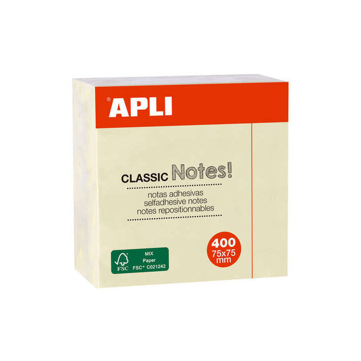 Apli Notas Adhesivas Classic 75x75mm - Cubo de 400 Hojas - Adhesivo de Calidad - Facil de Despegar - Amarillo