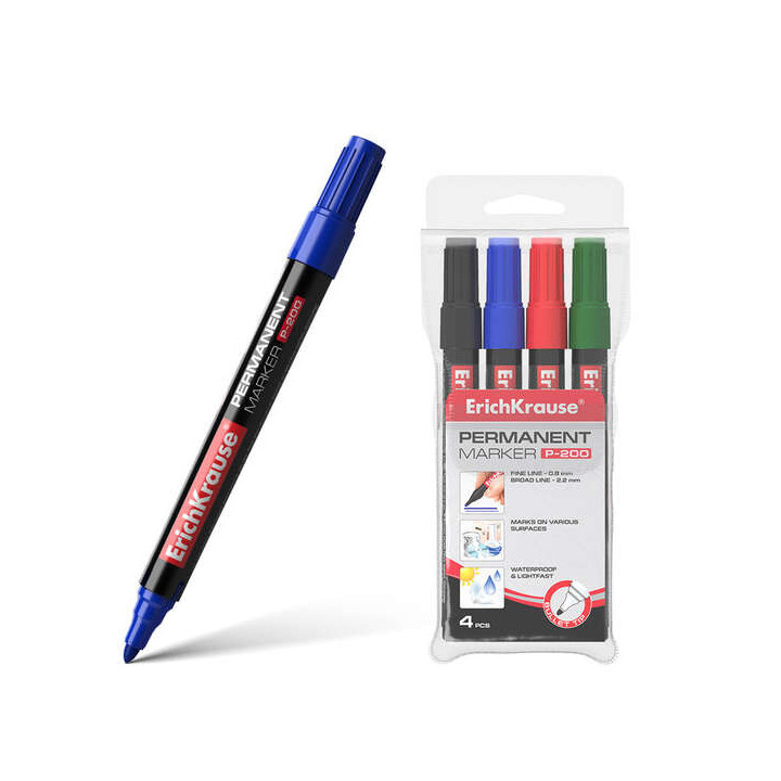 Erichkrause Pack de 4 Marcadores Permanente P-200 - Punta en Forma de Bala - Resistente al Daño y La Abrasion - Ancho de Escri