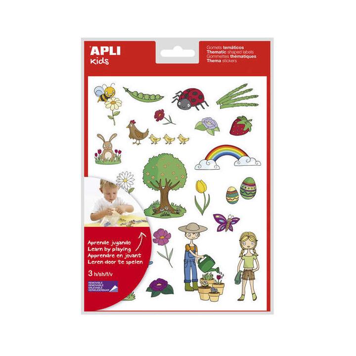 Apli Bolsa de Gomets Tematicos la Primavera - 66 Gomets en 3 Hojas - Adhesivo Removible - Ilustraciones Educativas - Adhesivo B