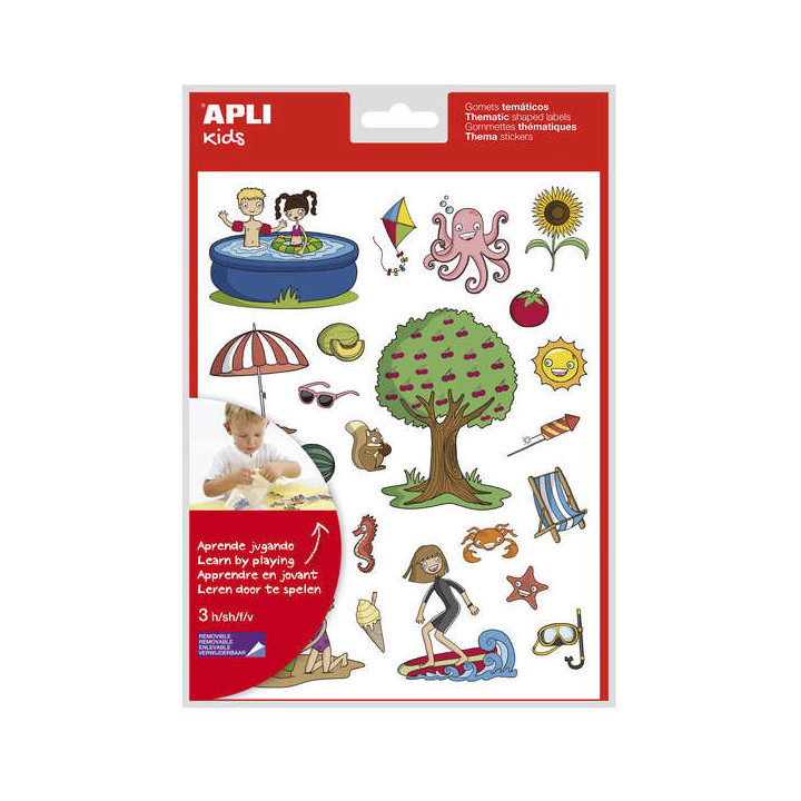 Apli Gomets Tematicos el Verano - 72 Gomets en 3 Hojas - Ilustraciones Educativas de Objetos y Animales Veraniegos - Adhesivo R