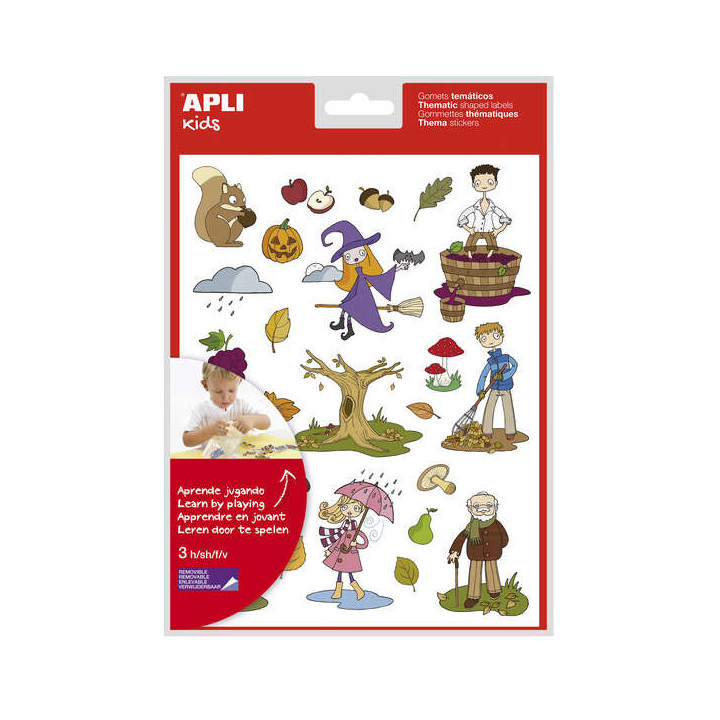 Apli Bolsa de Gomets Tematicos el Otoño - 72 Gomets en 3 Hojas - Adhesivo Removible - Ilustraciones Educativas - Adhesivo Base