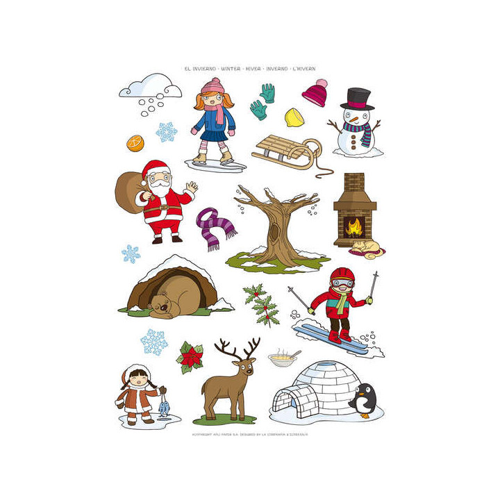 Apli Bolsa de Gomets Tematicos el Invierno - 69 Gomets en 3 Hojas - Adhesivo Removible - Ilustraciones Educativas - Adhesivo Ba