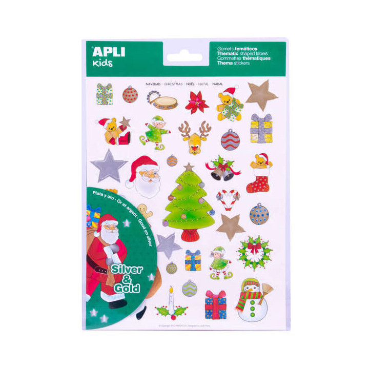 Apli Pack con 99 Gomets de Tematica Navideña - Ilustraciones Educativas - Adhesivo Removible - Tinta en Acabado Oro y Plata -