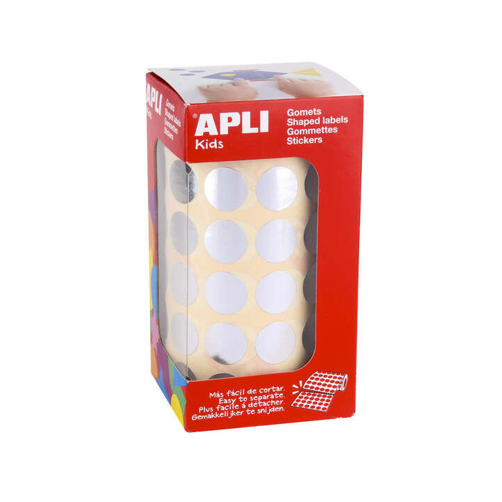 Apli Gomets Redondos Plata Metalizado Ø 15mm - 59 Hojas Pretroqueladas - 2832 Gomets por Rollo - Desarrolla Psicomotricidad Fi