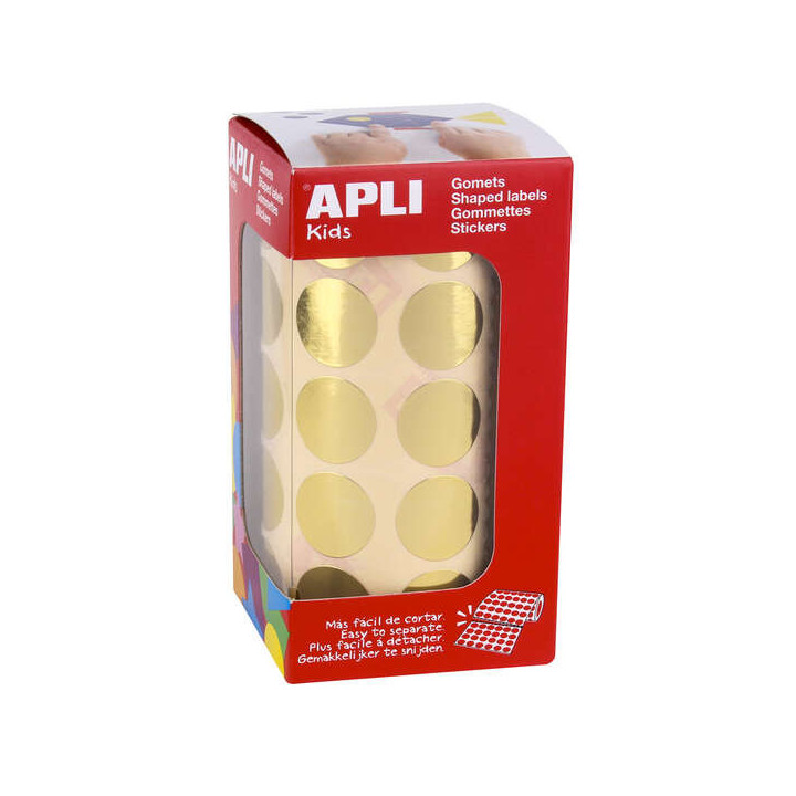 Apli Gomets Redondos Oro Metalizado - Tamaño Ø 20mm - Adhesivo Permanente - 1770 Gomets por Rollo - Ideal para Actividades Cr