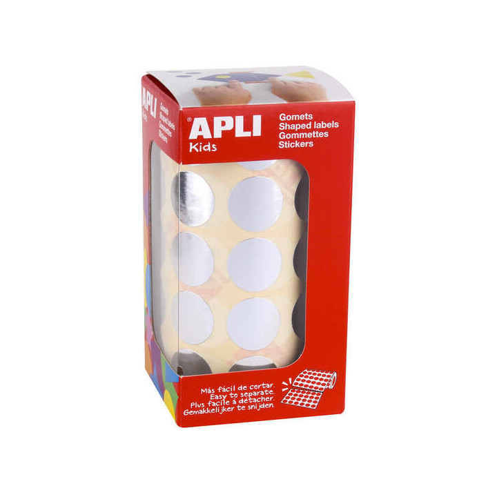 Apli Gomets Redondos Plata Metalizado Ø 20mm - 59 Hojas Pretroqueladas - 1770 Gomets por Rollo - Ideal para Escuelas y Tallere